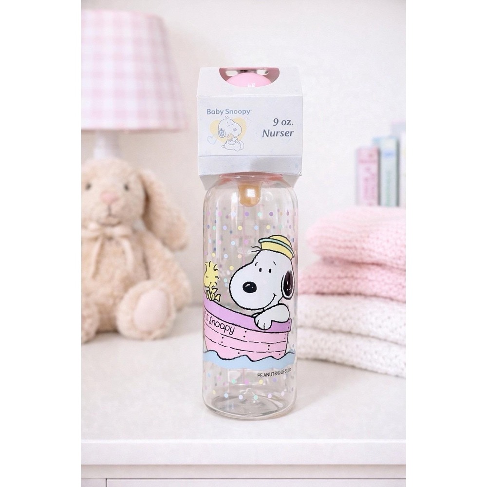 Vintage Baby Snoopy 9 oz Baby Bottle VTG NIB Peanuts Woodstock Pink Boat 90s